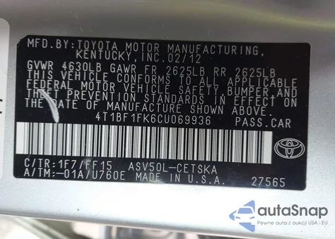 2012 Toyota Camry Se z USA, uszkodzony, nr VIN 4T1BF1FK6CU069936
